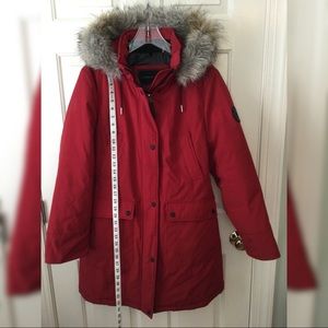Andrew Marc fur trim hooded anorak parka coat Red Large